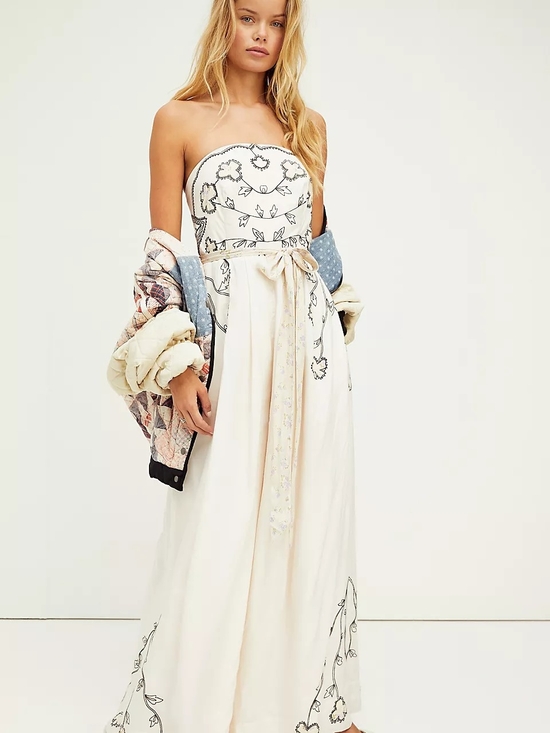 Free People Dresses & Skirts - Free People ivory satin "Faintly Graphic" wide-leg strapless jumpsuit